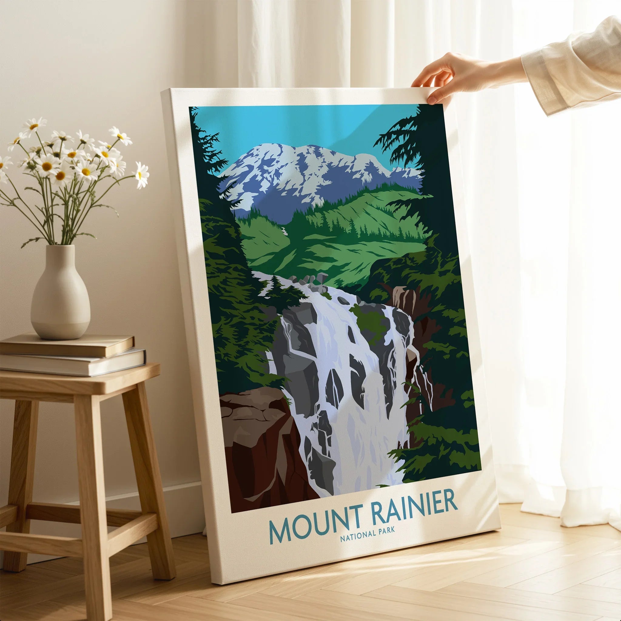 Mount Rainier National Park canvas print with waterfall and mountain in modern home decor setting