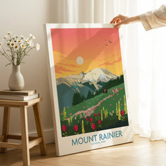 Mount Rainier National Park canvas print with colorful mountain sunset and wildflowers, hand holding