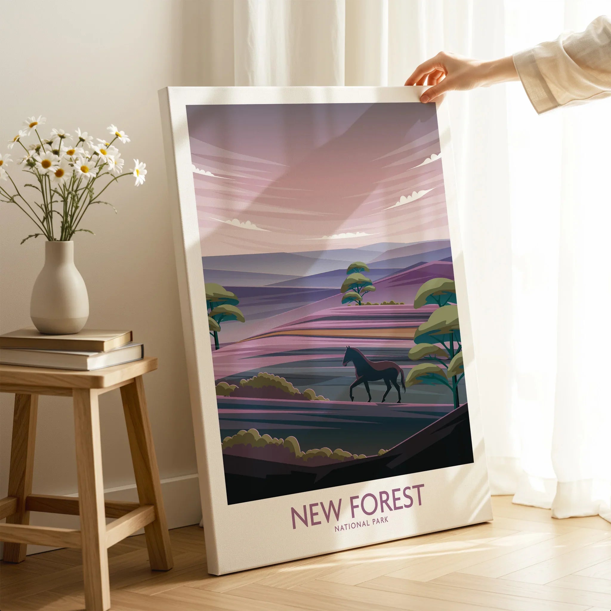 New Forest National Park travel poster canvas with horse, pastel landscape, and modern decor setting