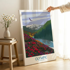 Olympic National Park canvas print with vibrant mountains, river, and wildflowers in modern room