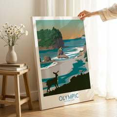 Olympic National Park canvas print with coastal landscape and deer in bright, modern room