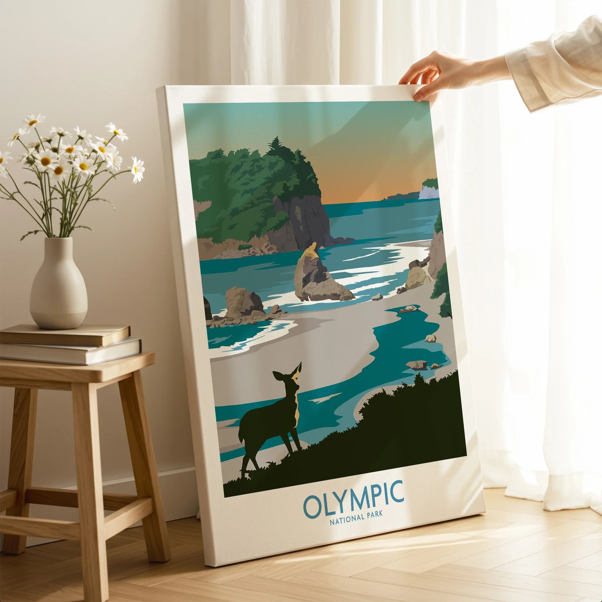 Olympic National Park canvas print with coastal landscape and deer in bright, modern room