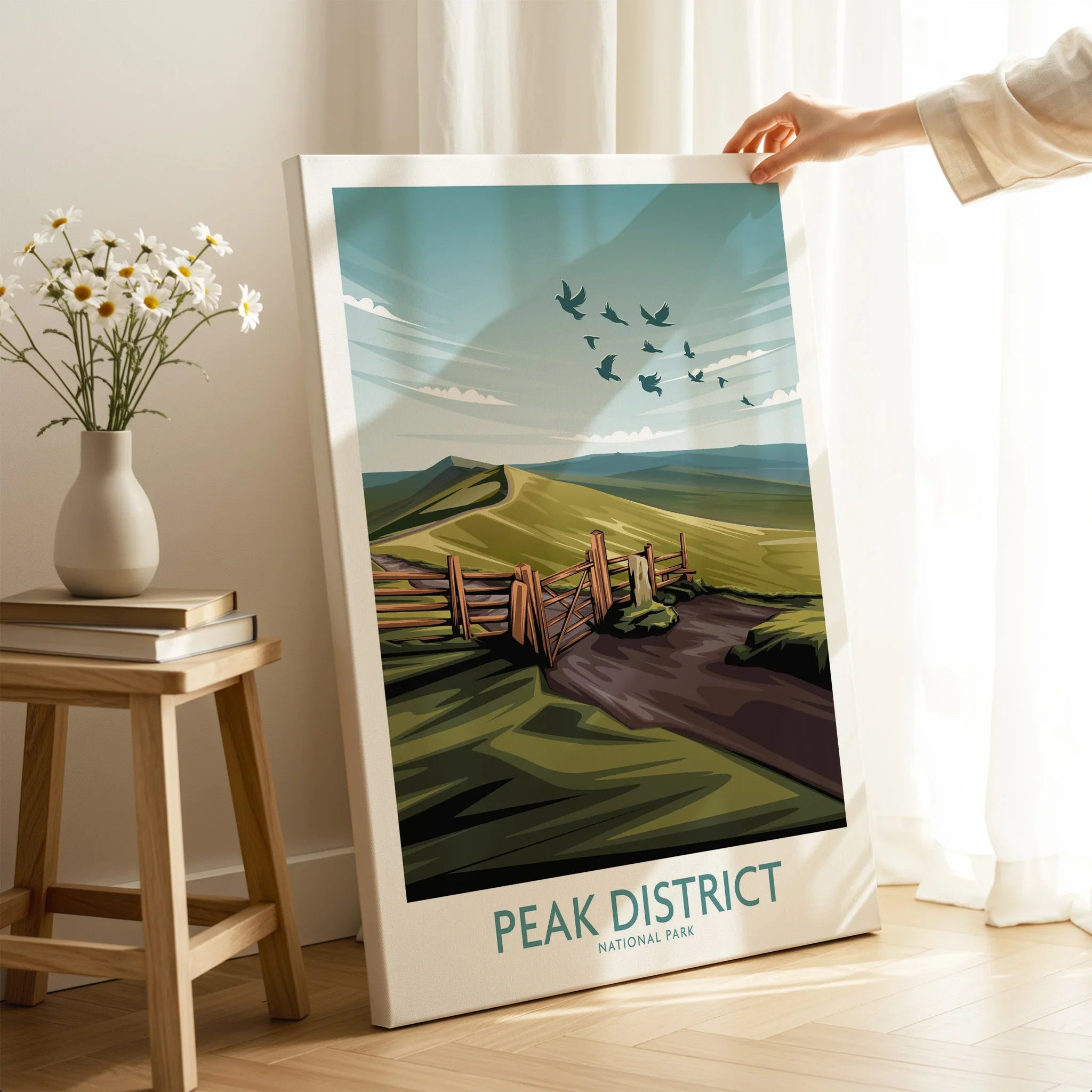 Peak District National Park print with scenic landscape in modern room decor setting