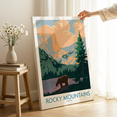Rocky Mountains Canada canvas print with bear and mountain landscape in modern living room setting