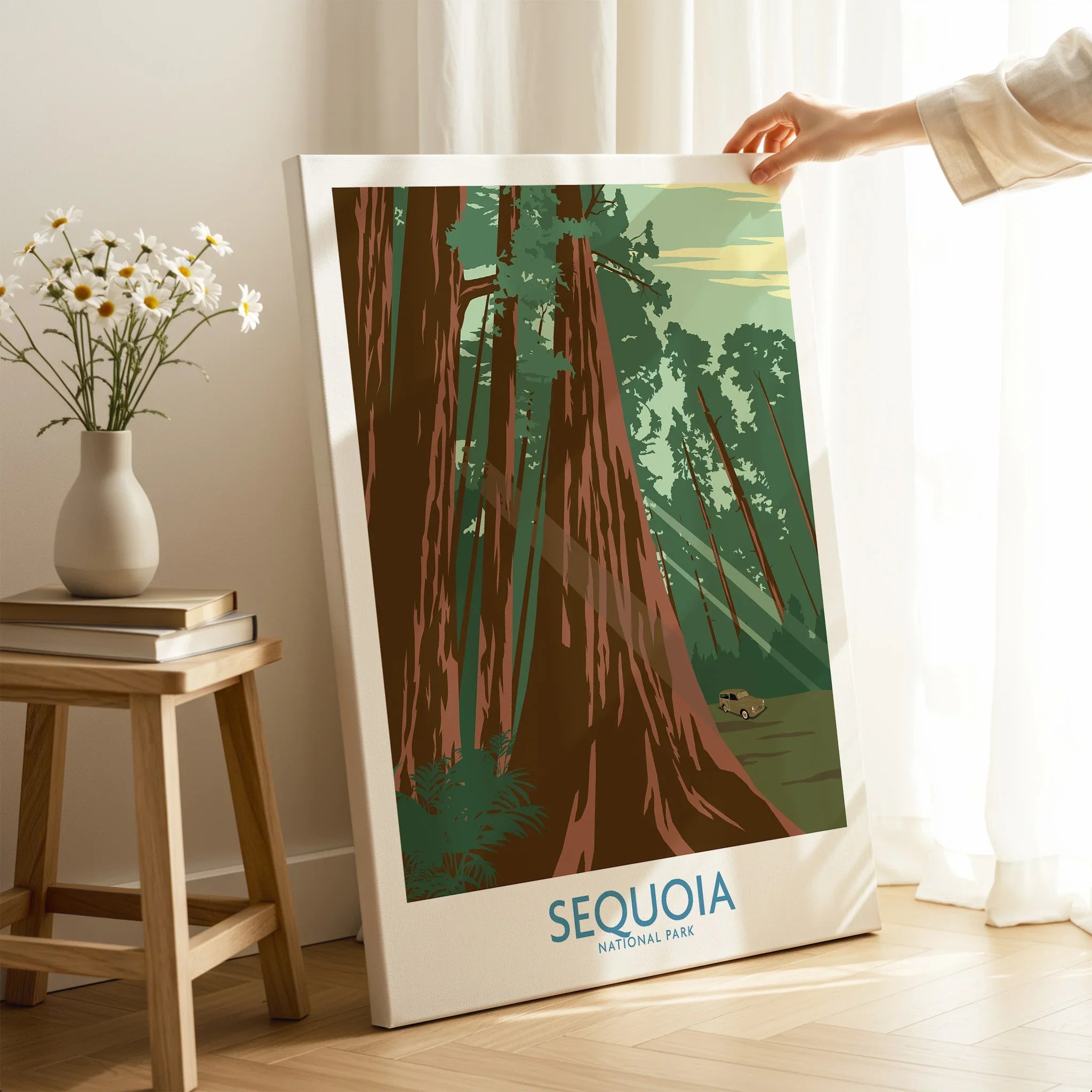 Sequoia National Park canvas wall art print with tall trees, hand holding artwork in cozy room