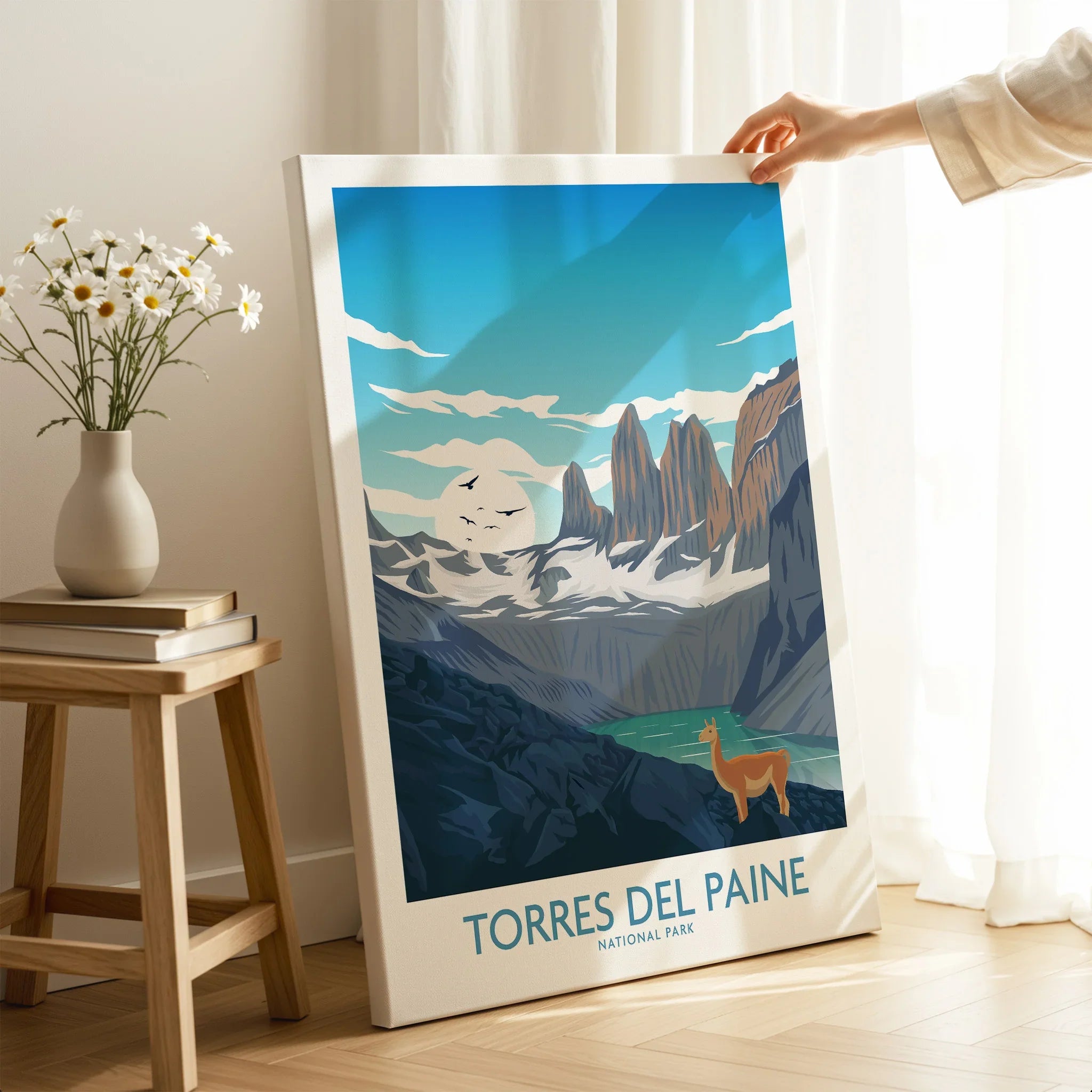 Torres del Paine National Park canvas print with mountains, lake, and guanaco in sunlit room