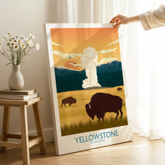 Yellowstone National Park poster with bison and geyser, canvas print in home decor setting