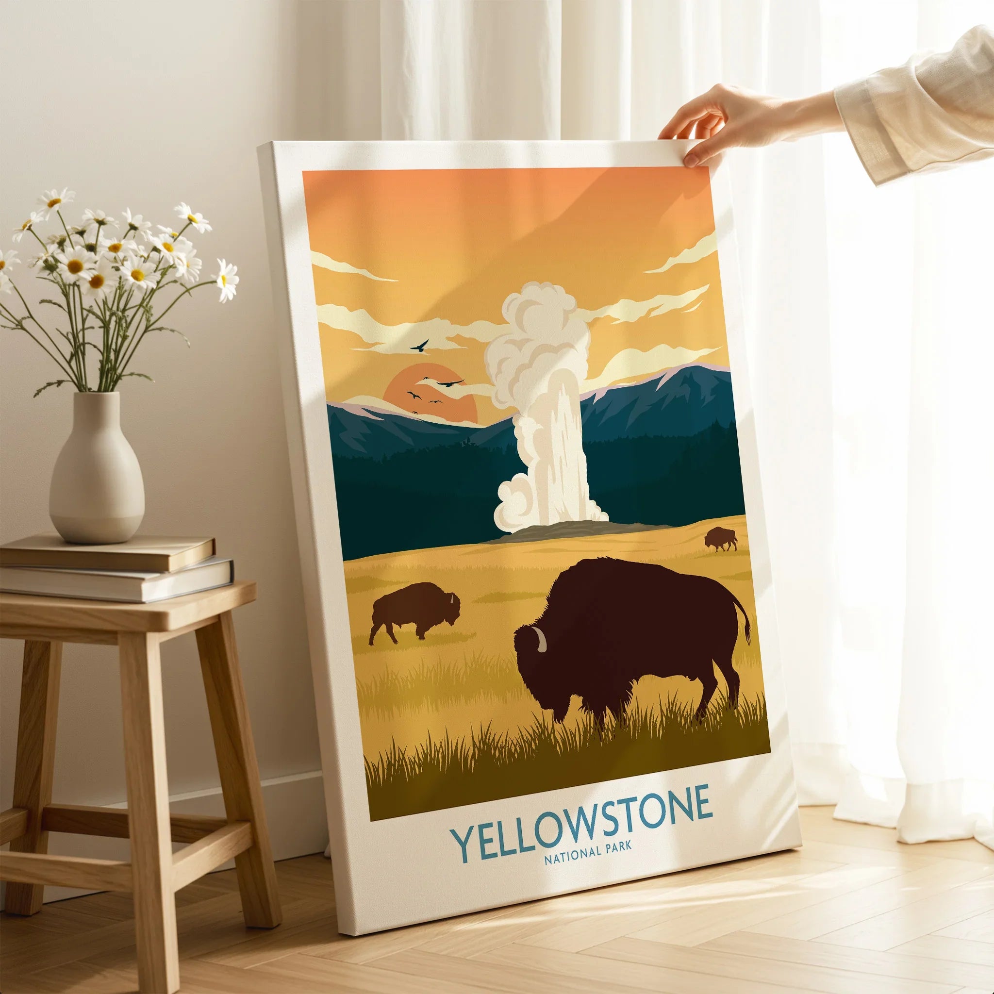 Yellowstone National Park poster with bison and geyser, canvas print in home decor setting