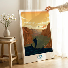 Zion National Park canvas print with hiker silhouette, displayed in a modern home setting.