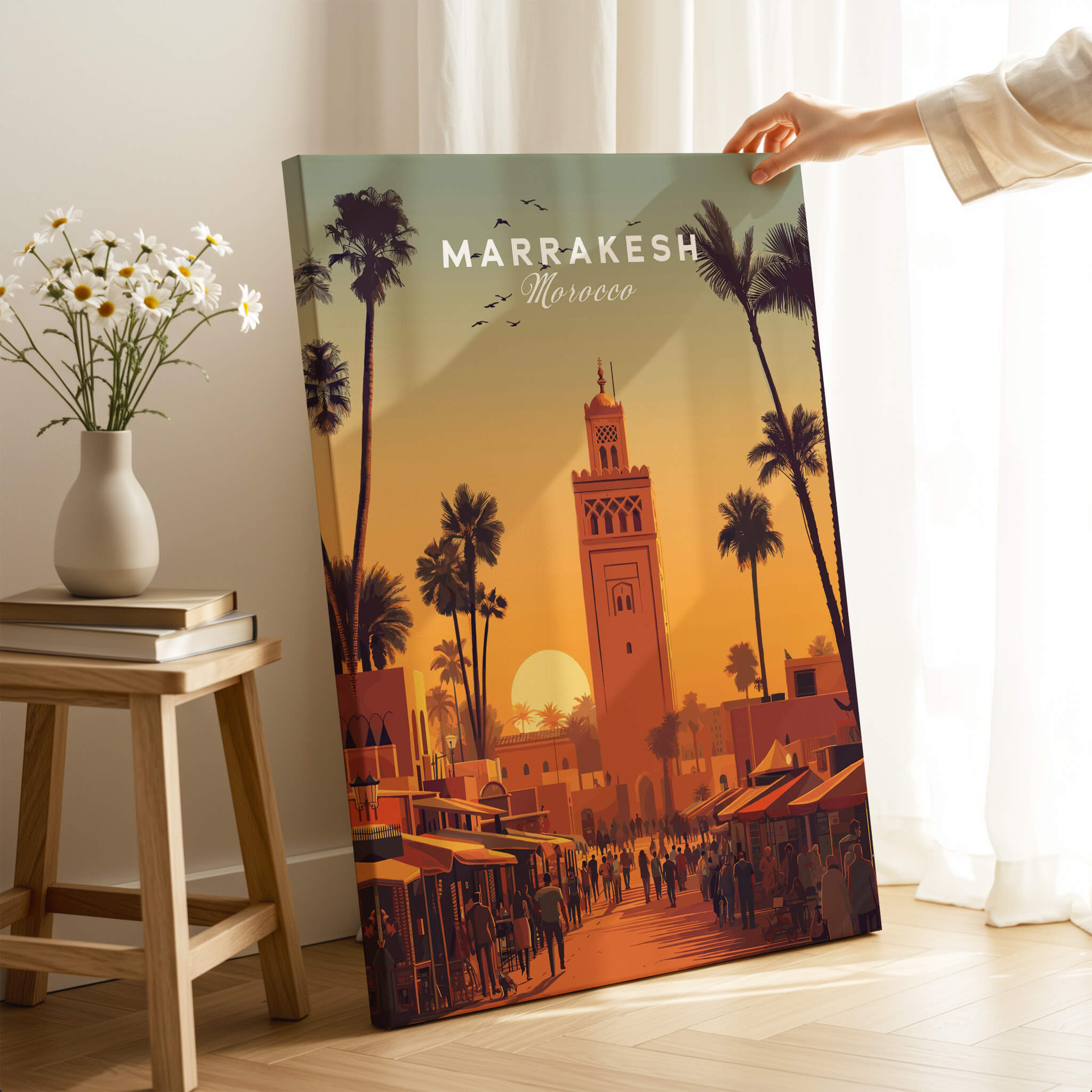 Marrakesh Morocco Wall Art Print | Koutoubia Mosque Travel Posters featuring the iconic minaret at sunset.