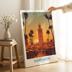 Marrakesh Morocco Posters | Historic Medina Sunset Canvas Print showcased in a stylish interior setting.
