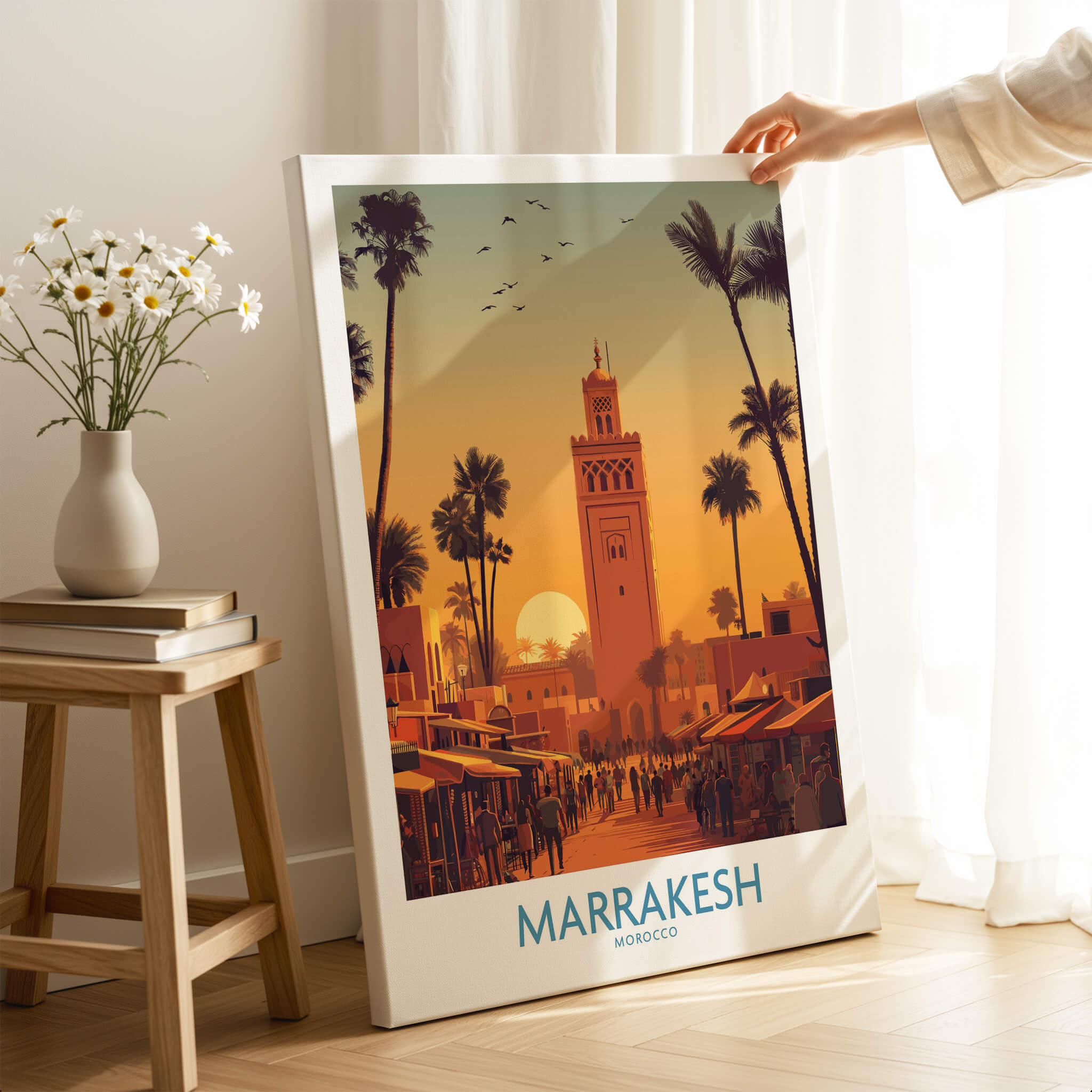 Marrakesh Morocco Posters | Historic Medina Sunset Canvas Print showcased in a stylish interior setting.