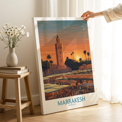 Marrakesh Morocco Canvas Art Print | Jemaa el-Fnaa Market Scene Poster displayed in a decorative setting during sunset.