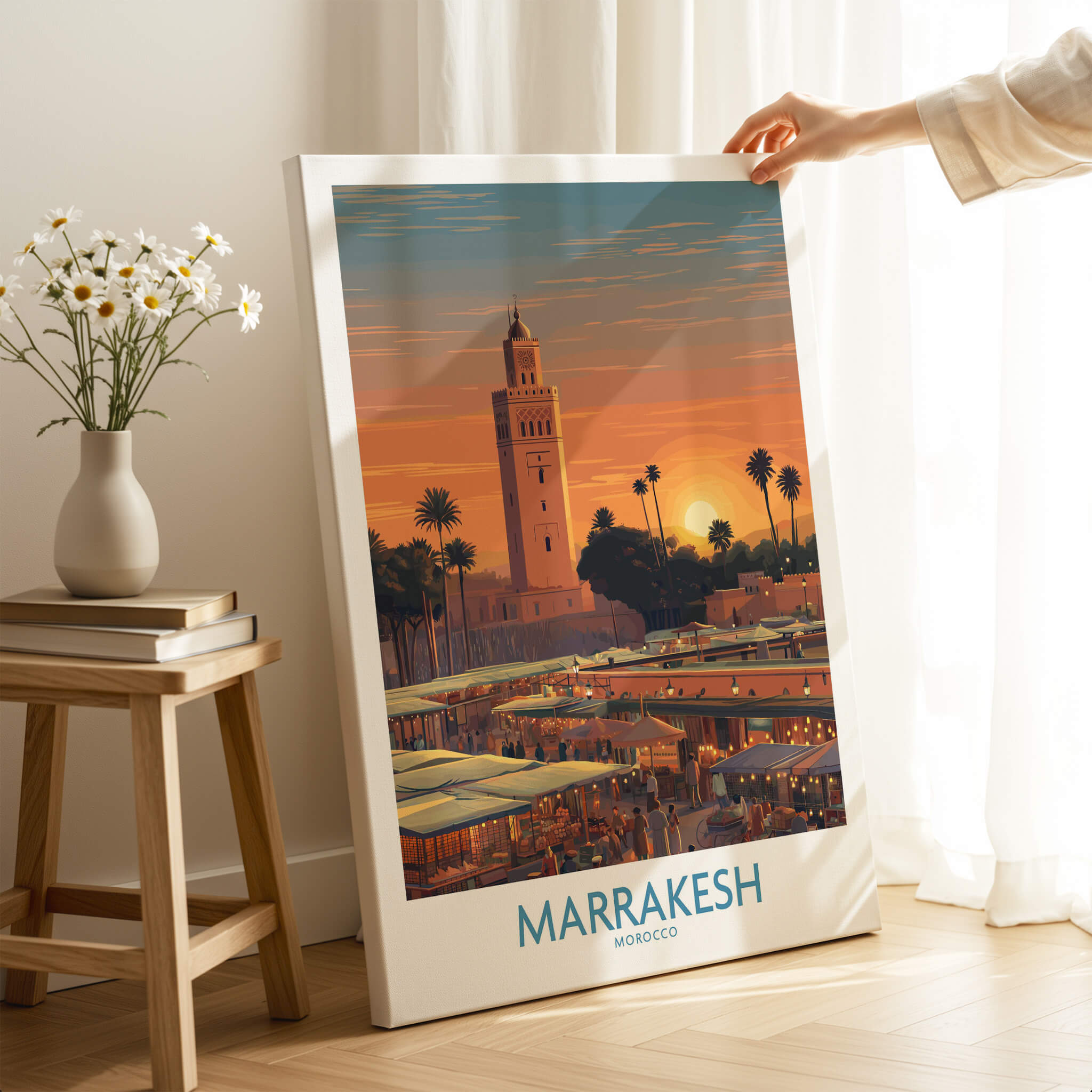 Marrakesh Morocco Canvas Art Print | Jemaa el-Fnaa Market Scene Poster displayed in a decorative setting during sunset.
