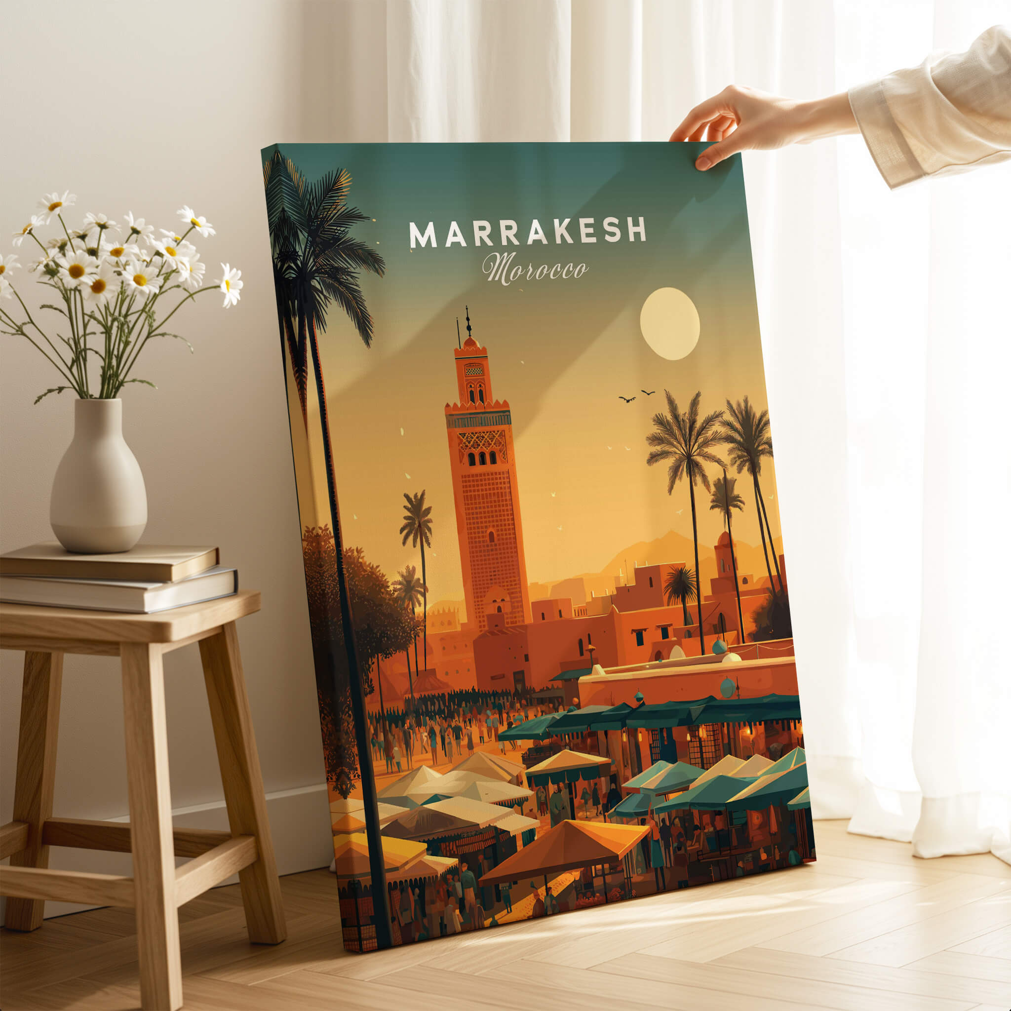 Marrakesh Morocco Wall Art Print | Bustling City Market Travel Posters featuring iconic bazaar and vibrant colors.