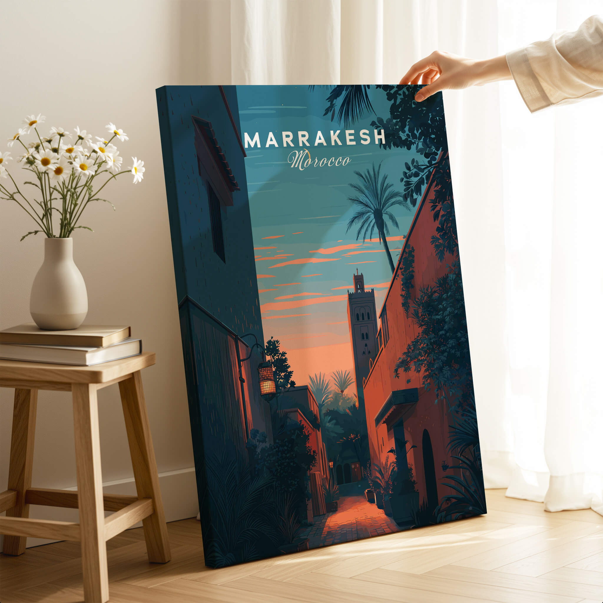 Marrakesh Morocco Travel Poster | Medina Alleyway Twilight Wall Art Print displayed on a wooden table in a cozy room.