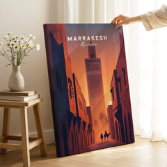 Marrakesh Morocco Travel Poster | Iconic Koutoubia Minaret Wall Art Print displayed in modern interior setting.