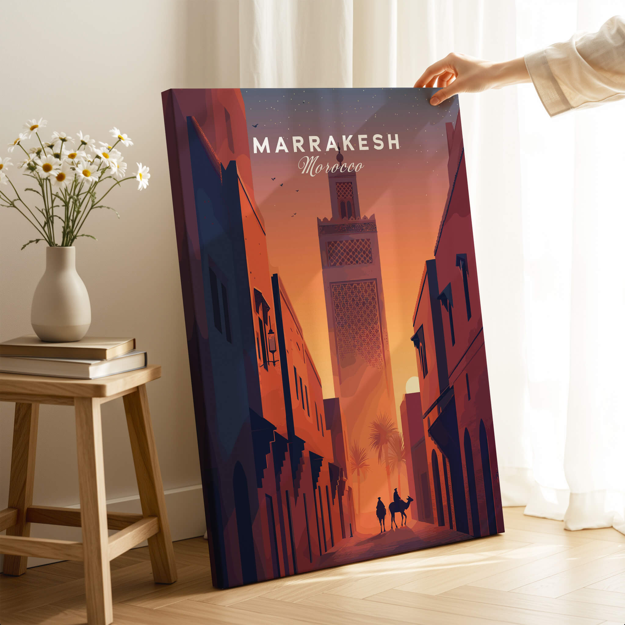 Marrakesh Morocco Travel Poster | Iconic Koutoubia Minaret Wall Art Print displayed in modern interior setting.