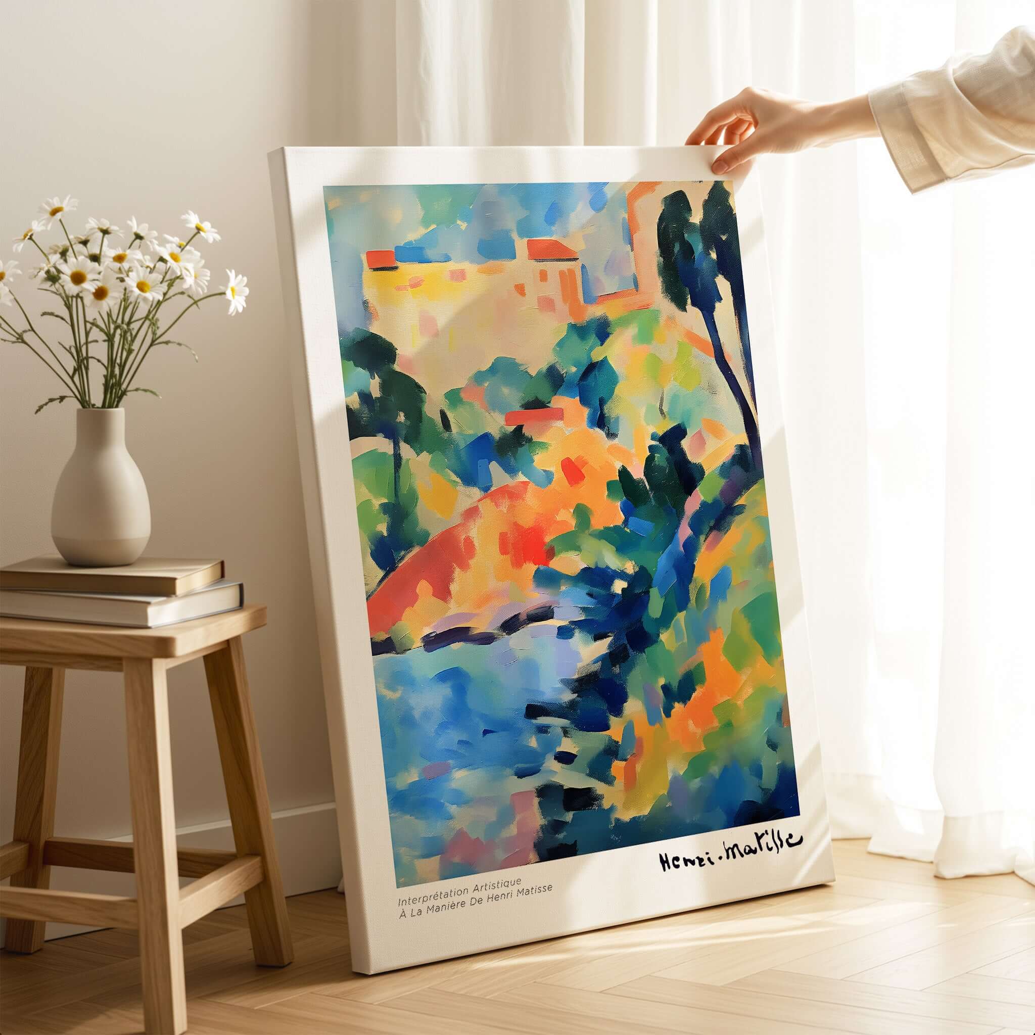 Matisse Art Prints - Abstract Coastal Landscape Poster displayed in a bright room, showcasing vibrant Mediterranean colors.