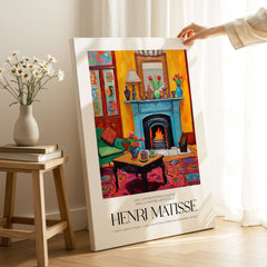 Matisse Art Prints - Cozy Fireplace Interior Poster featuring a colorful living room scene with a fireplace and armchair.
