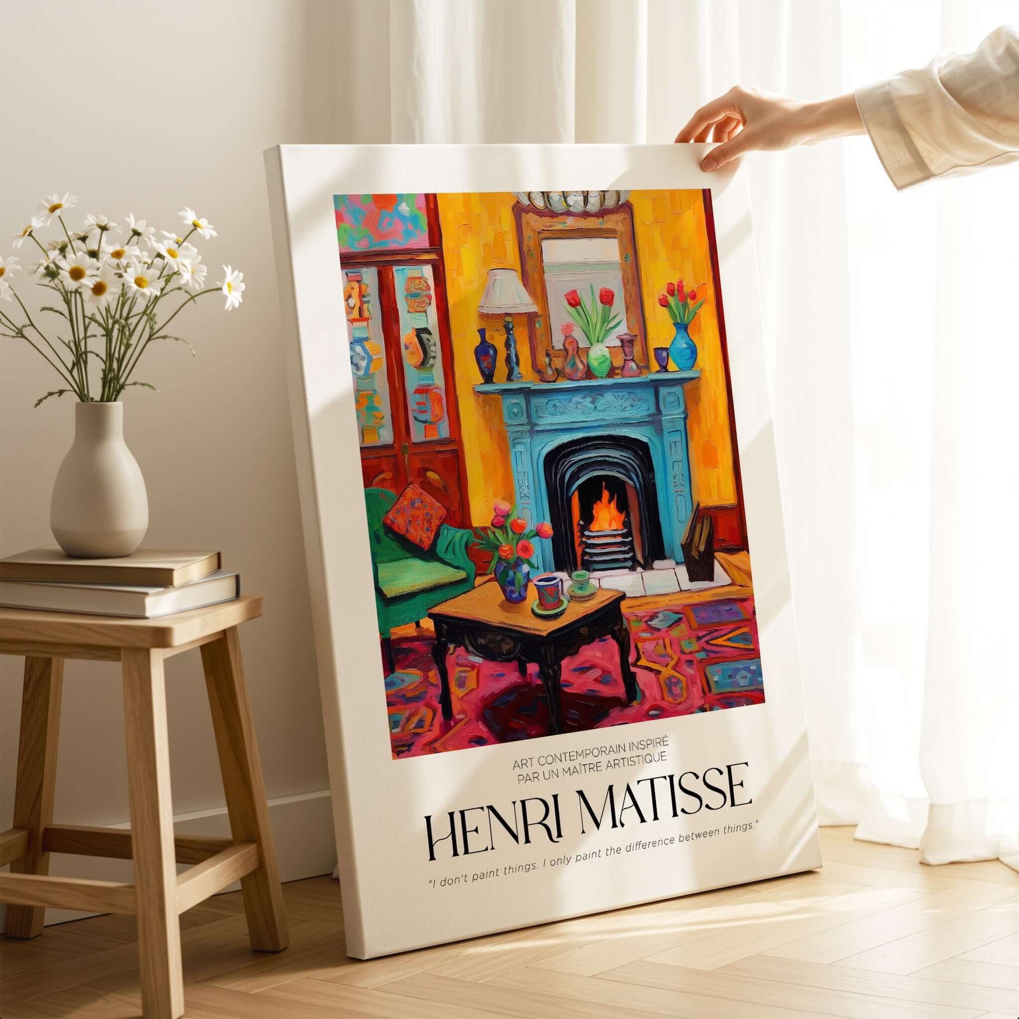 Matisse Art Prints - Cozy Fireplace Interior Poster featuring a colorful living room scene with a fireplace and armchair.