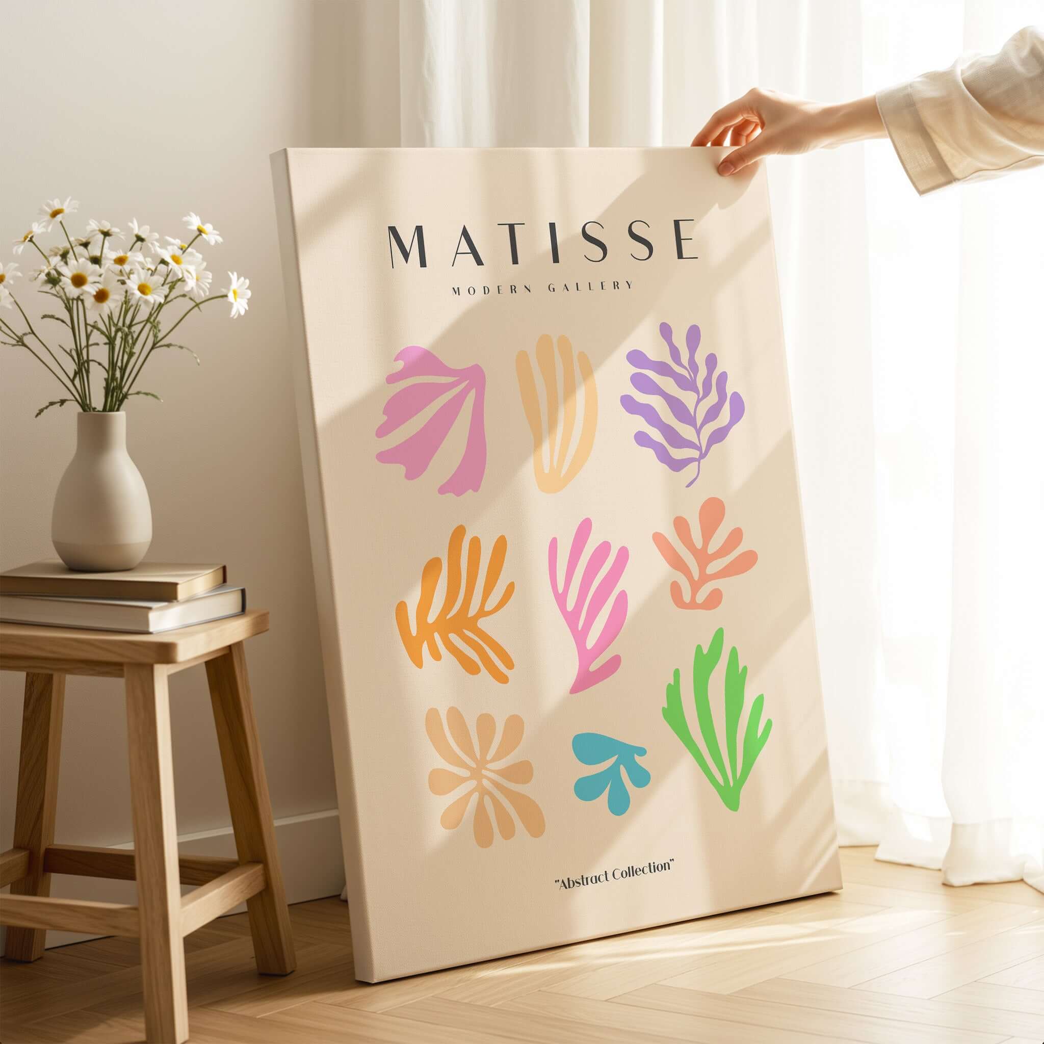 Matisse Art Prints - Abstract Botanical Shapes Grid Poster featuring colorful botanical forms in a beige background.