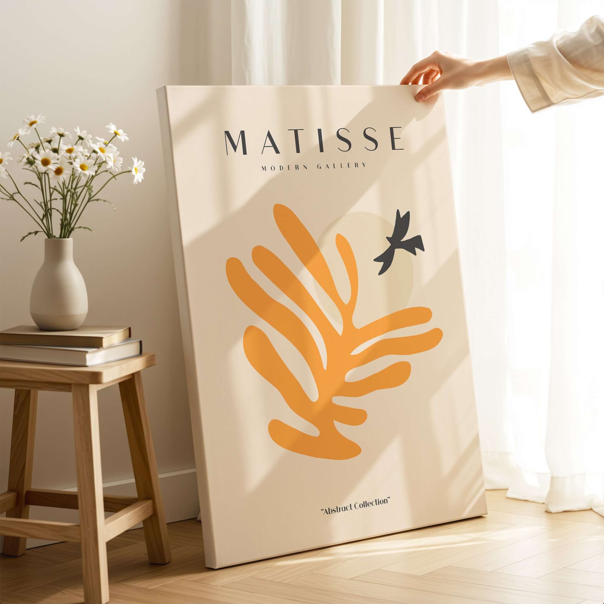 Matisse Art Prints - Orange Leaf Bird Silhouette Poster displayed in a modern room with natural light.