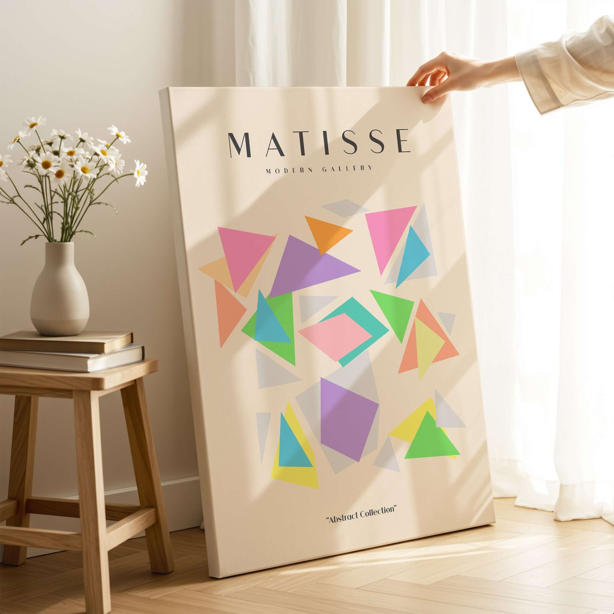 Matisse Art Prints - Colorful Geometric Triangles Poster displayed in a bright living space, highlighting vibrant triangular shapes.