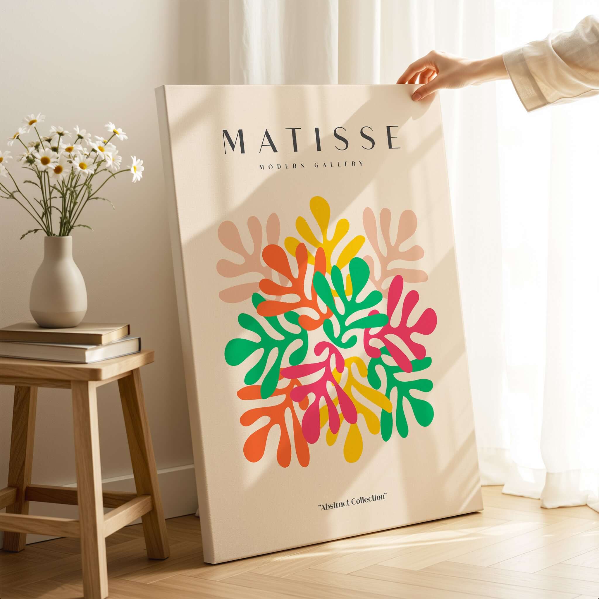 Matisse Art Prints - Interlocking Colorful Leaves Abstract Print featuring vibrant leaf shapes in bold colors on a beige background.