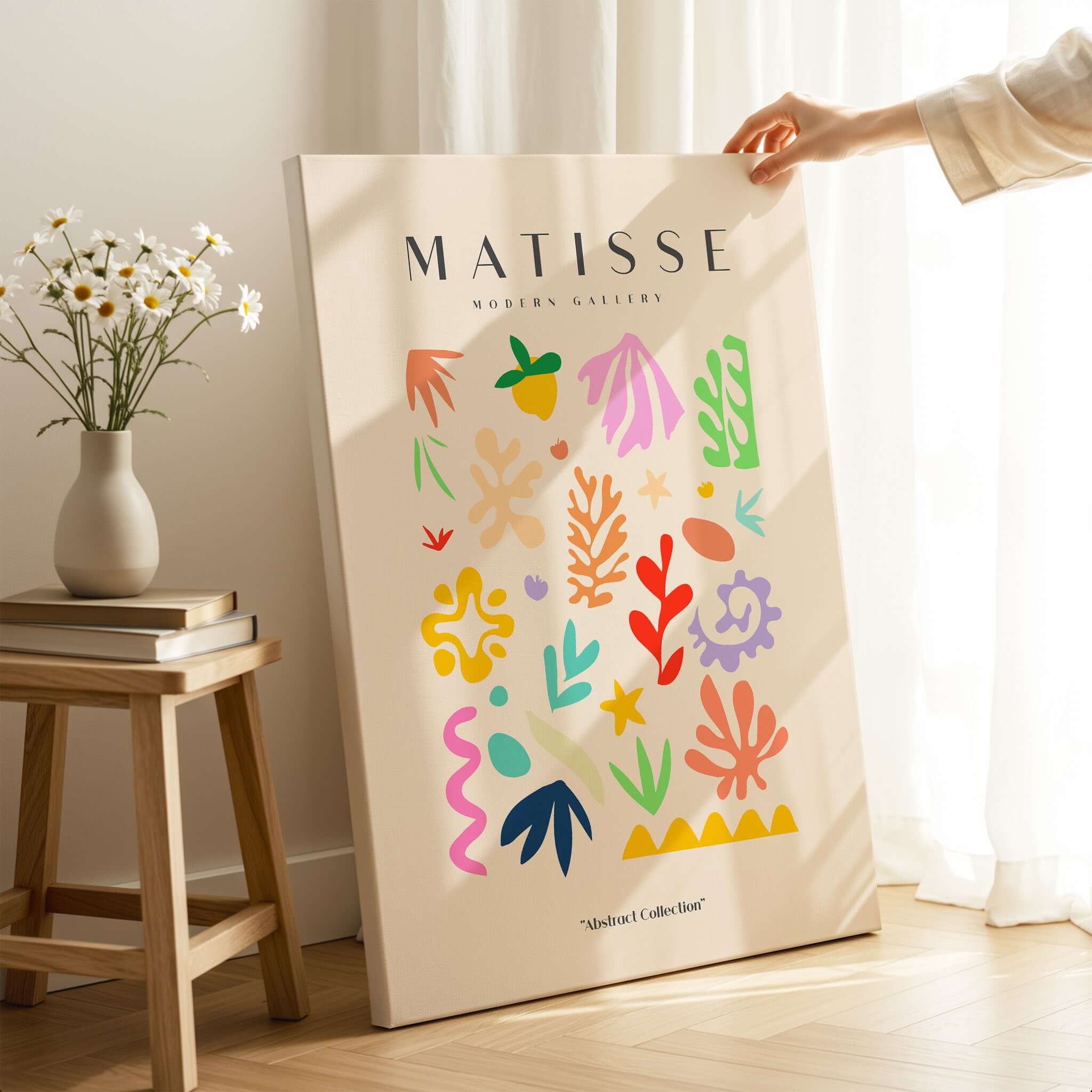 Matisse Art Prints - Playful Abstract Shapes Mix Wall Art featuring colorful botanical and geometric shapes on beige.