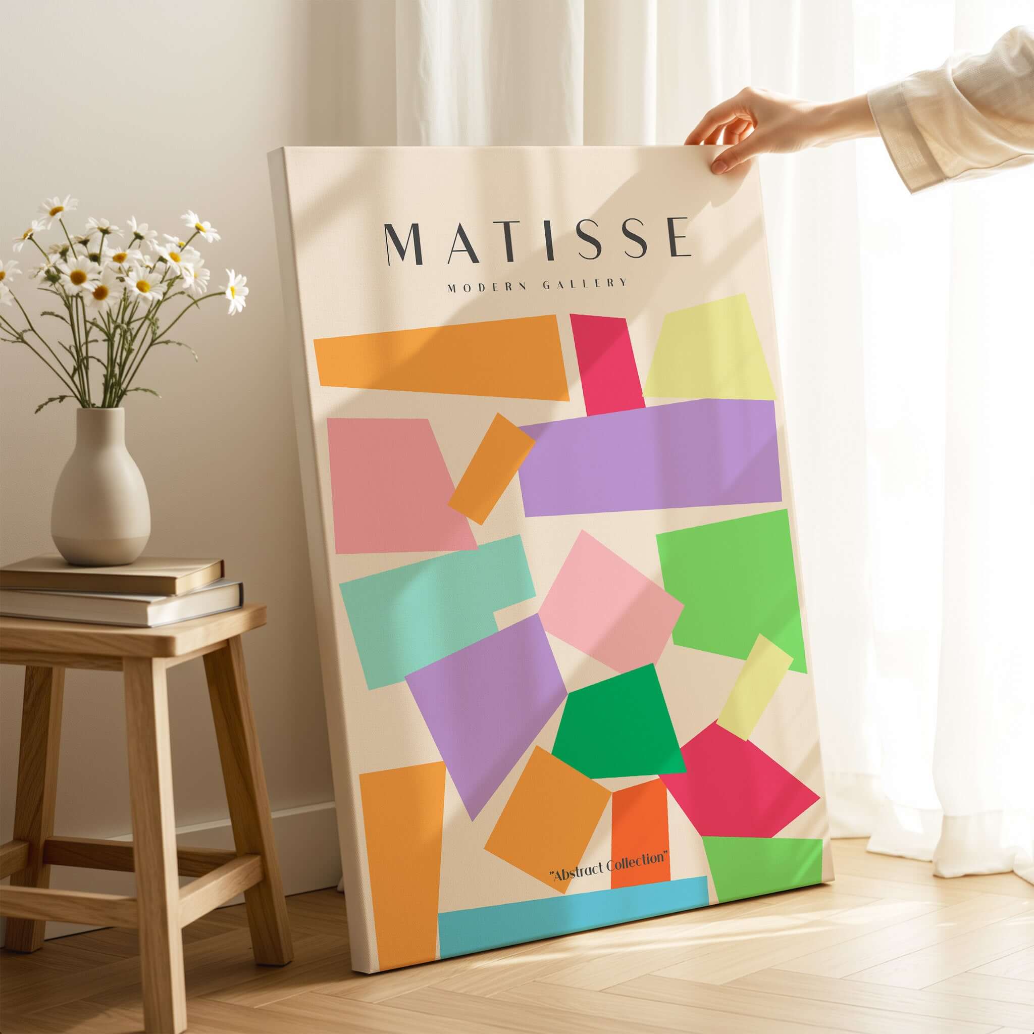 Matisse Art Prints - Colorful Geometric Shapes Abstract Print displayed in a modern gallery setting with vibrant colors.