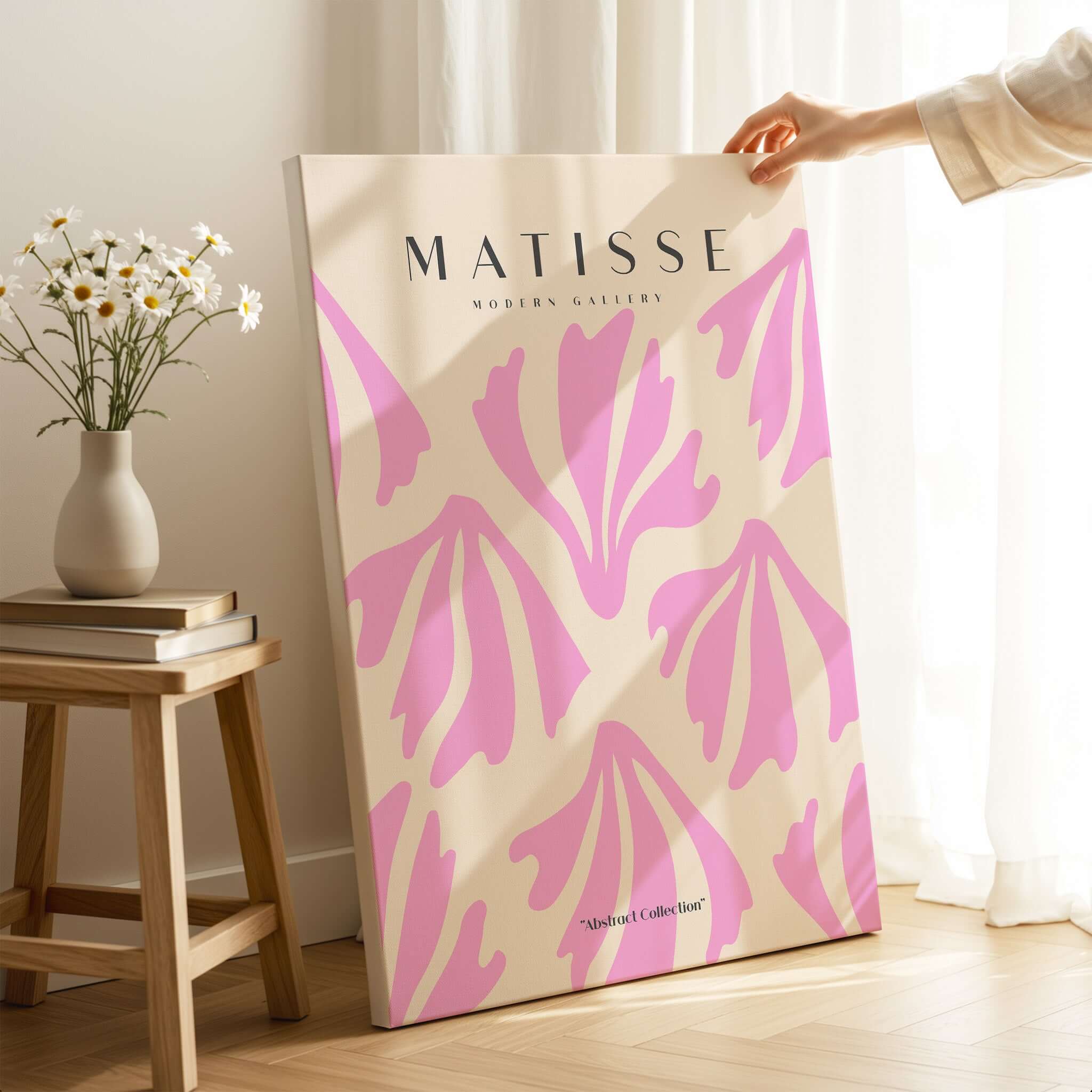 Matisse Art Prints - Pink Abstract Shapes Pattern Poster displayed on a table with flowers in a bright interior setting.