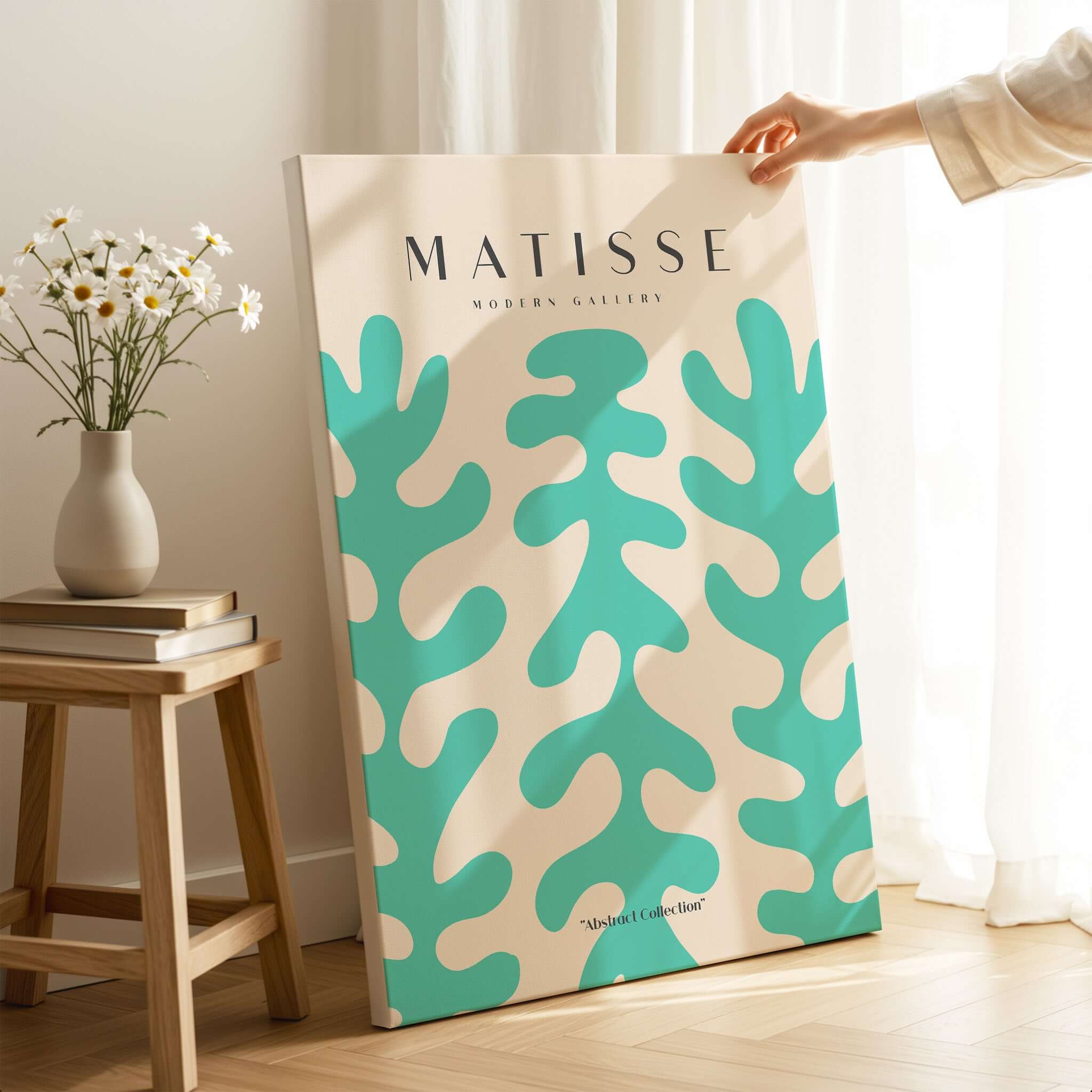 Matisse Art Prints - Teal Coral Pattern Abstract Wall Art displayed in a modern interior setting with a light backdrop.