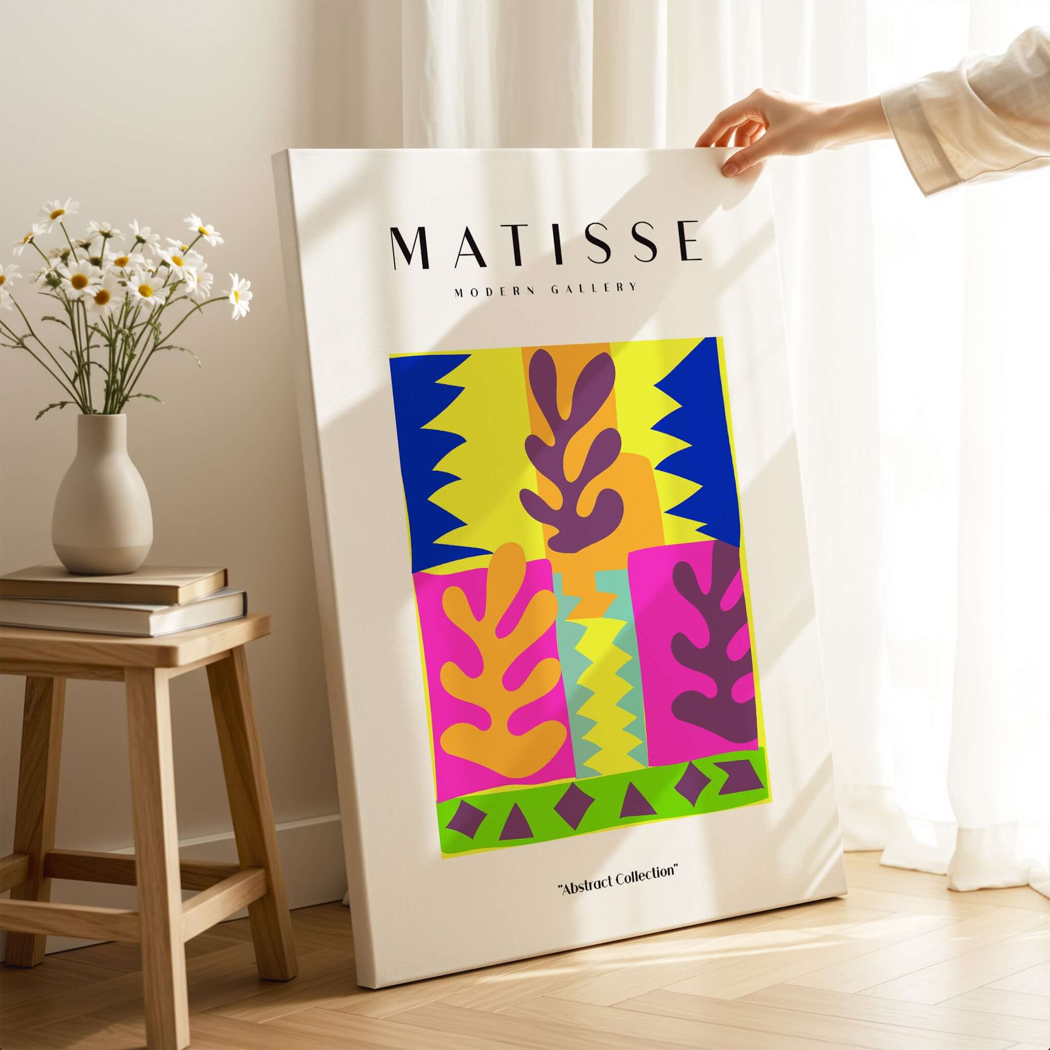 Matisse Art Prints - Colorful Abstract Leaves Blocks Wall Art displayed in a modern gallery setting.