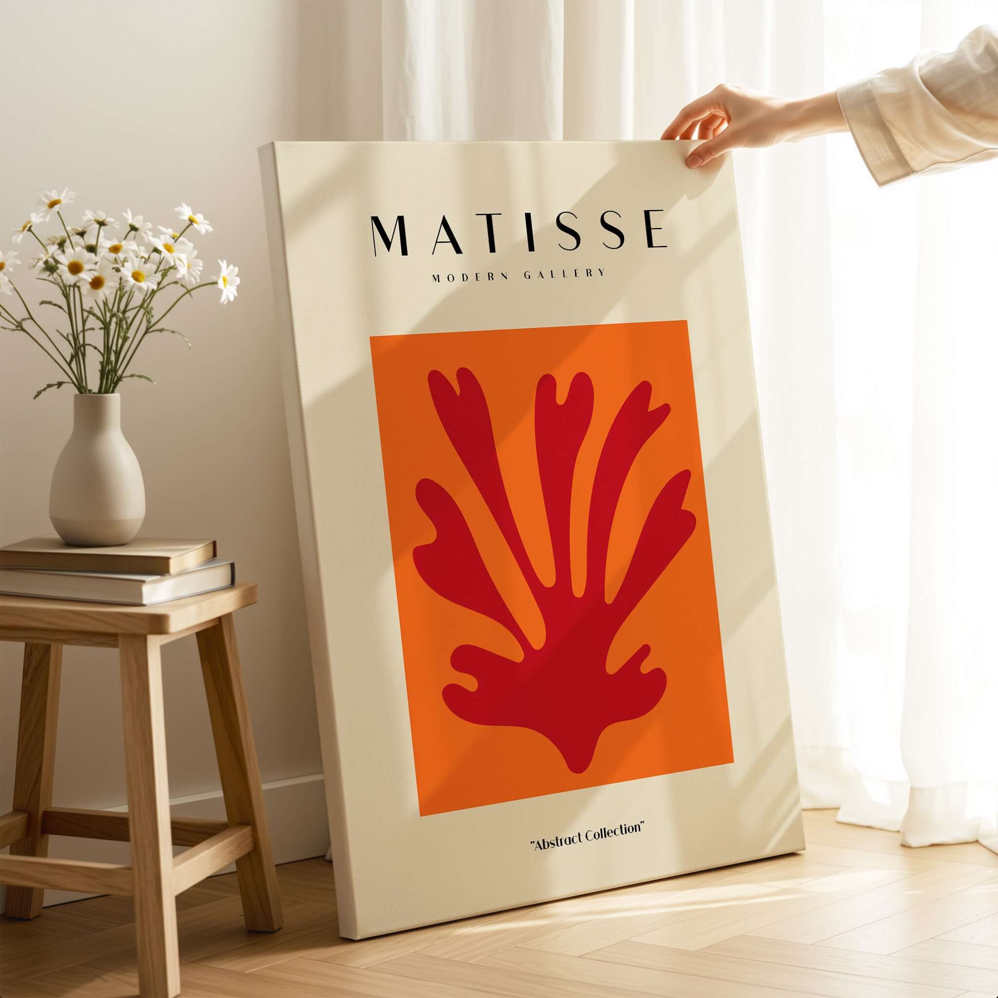 Matisse Art Prints - Red Leaf Abstract Orange Square Poster displayed in modern gallery setting with flowers.