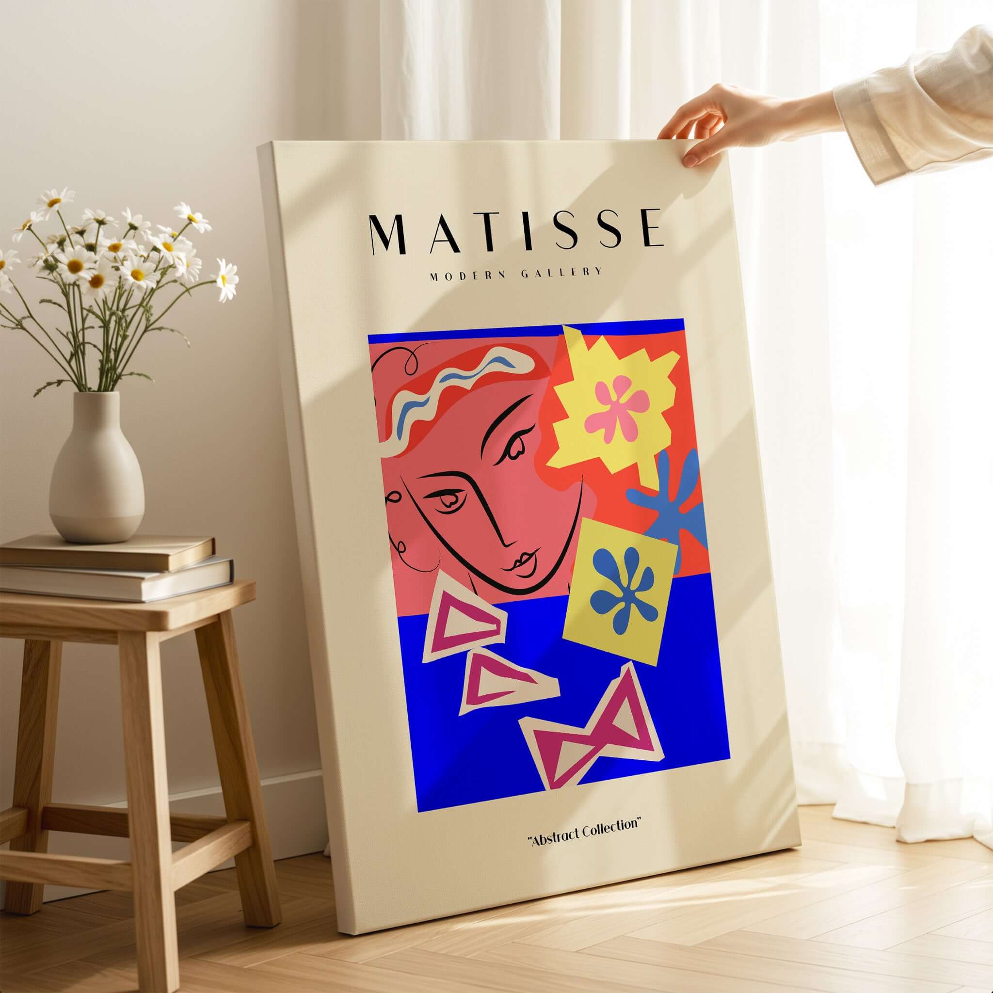 Matisse Art Prints - Abstract Face with Flowers Collage Wall Art displayed in a modern gallery setting.