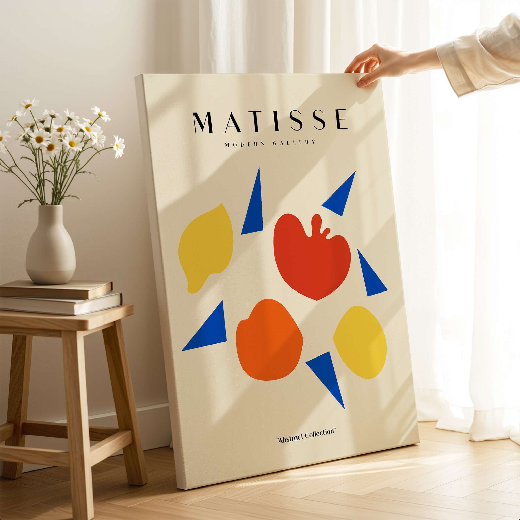 Matisse Art Prints - Abstract Fruit Shapes Blue Triangles Poster displayed in a modern setting with colorful shapes.