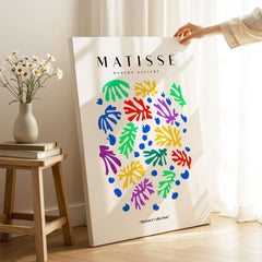 Matisse Art Prints - Colourful Scattered Abstract Leaves Dots Poster displayed in a bright room with colorful leaf shapes.
