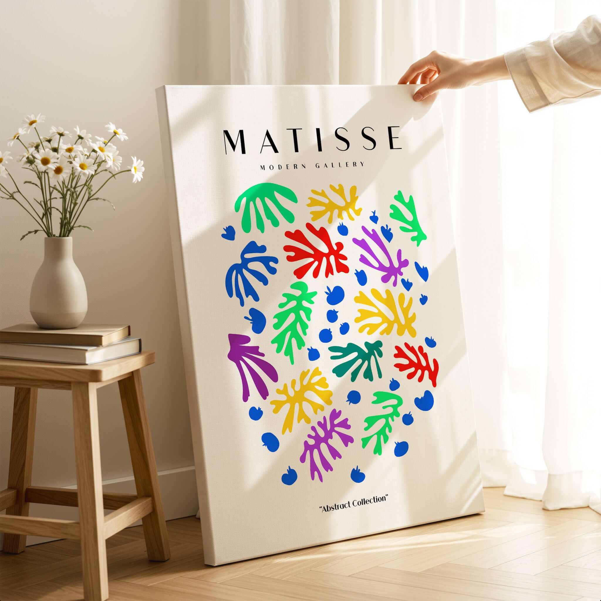 Matisse Art Prints - Colourful Scattered Abstract Leaves Dots Poster displayed in a bright room with colorful leaf shapes.