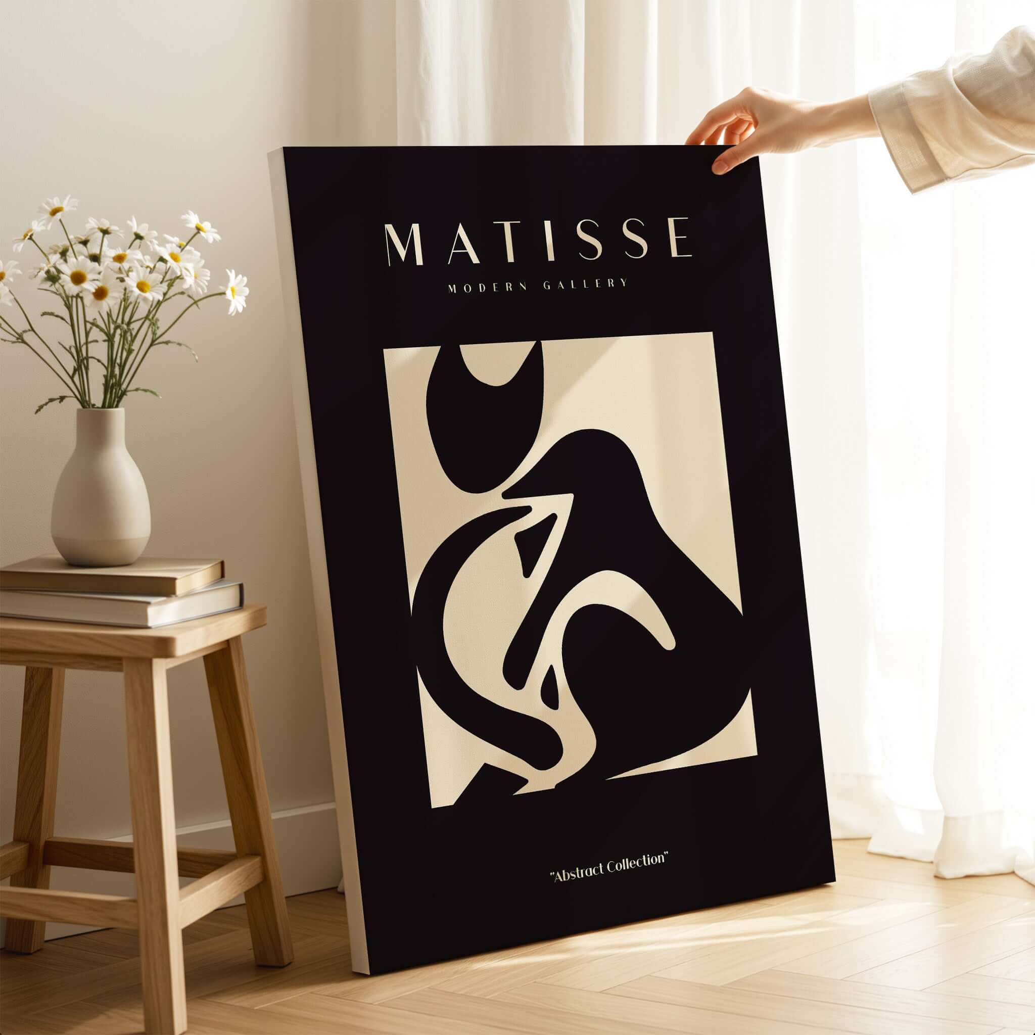 Matisse Art Prints - Black Beige Abstract Composition Poster displayed in a modern setting with flowers and a wooden table.