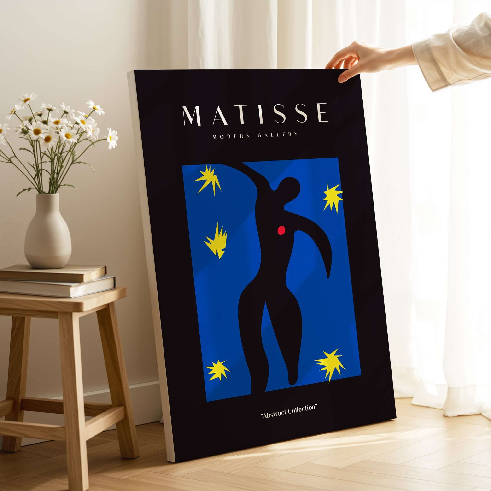 Matisse Art Prints - Icarus Black Figure with Stars Poster featuring a bold black figure on a vibrant blue background.