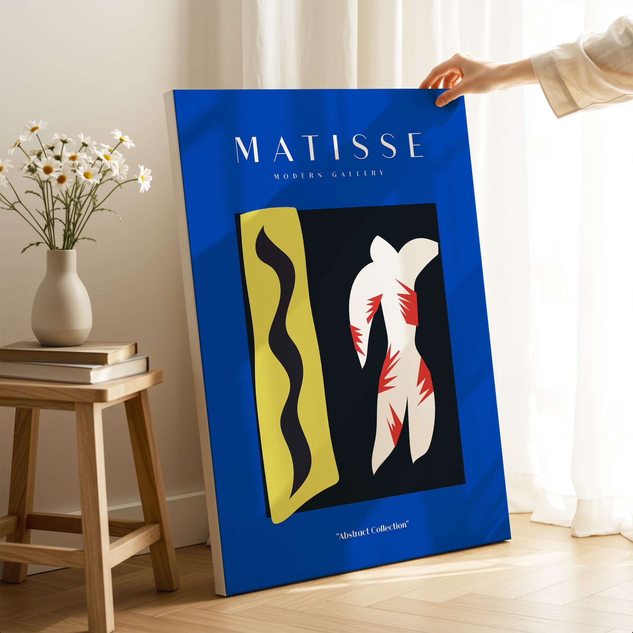 Matisse Art Prints - Icarus Jazz Abstract Art Print Blue showcased in modern gallery setting with vibrant colors.