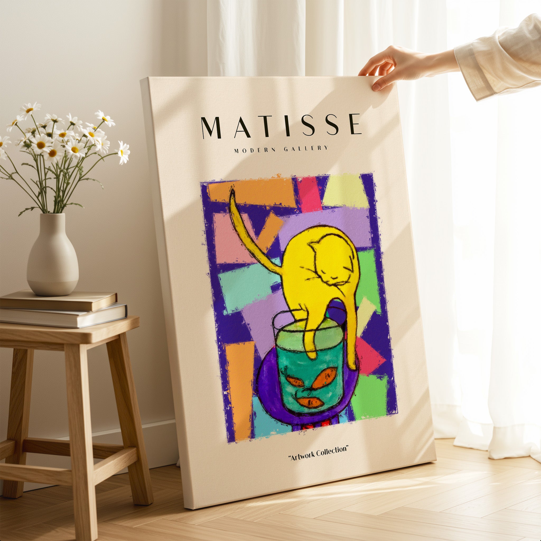 Matisse Art Prints - Yellow Cat with Fishbowl Geometric Poster featuring a playful yellow cat and colorful geometric background.