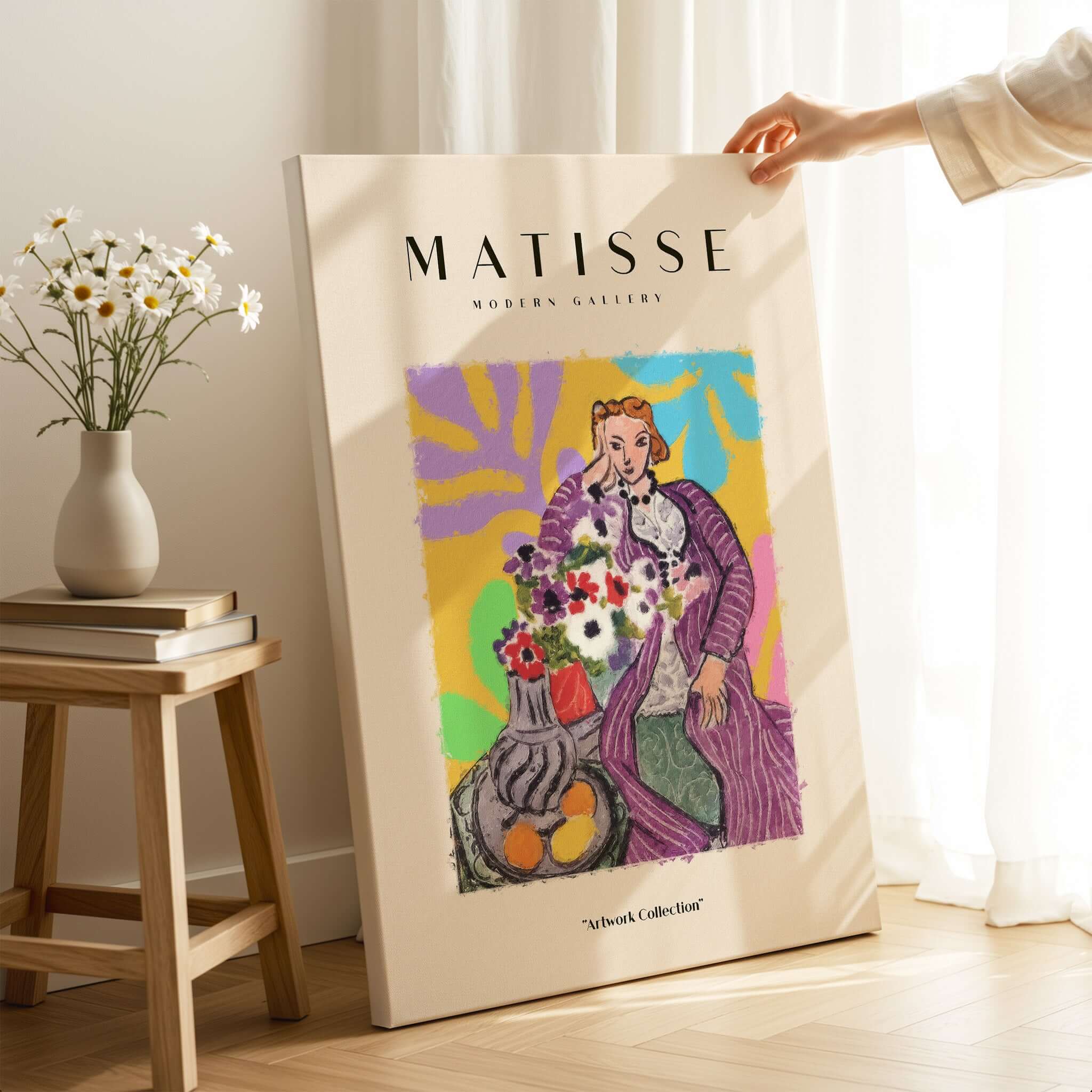 Matisse Art Prints - Stylized Woman with Flowers Fruit Still Life Interior Poster featuring vibrant colors and abstract background.