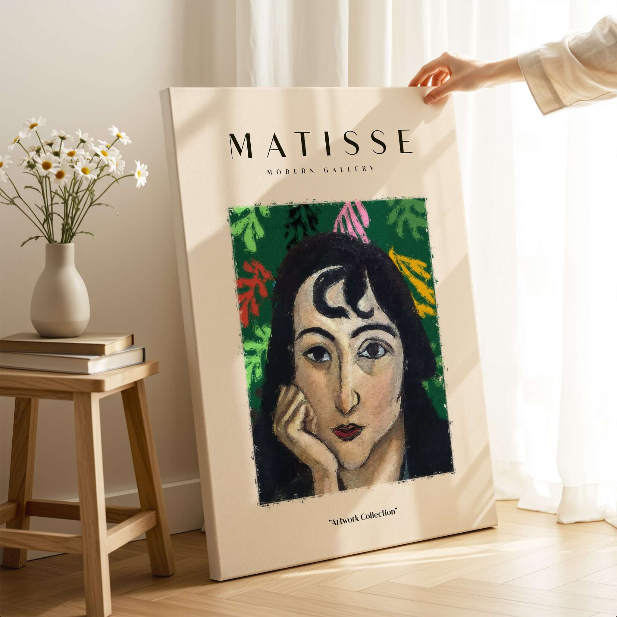 Matisse Art Prints - Pensive Woman Poster featuring a thoughtful woman with dark curly hair on a green background.