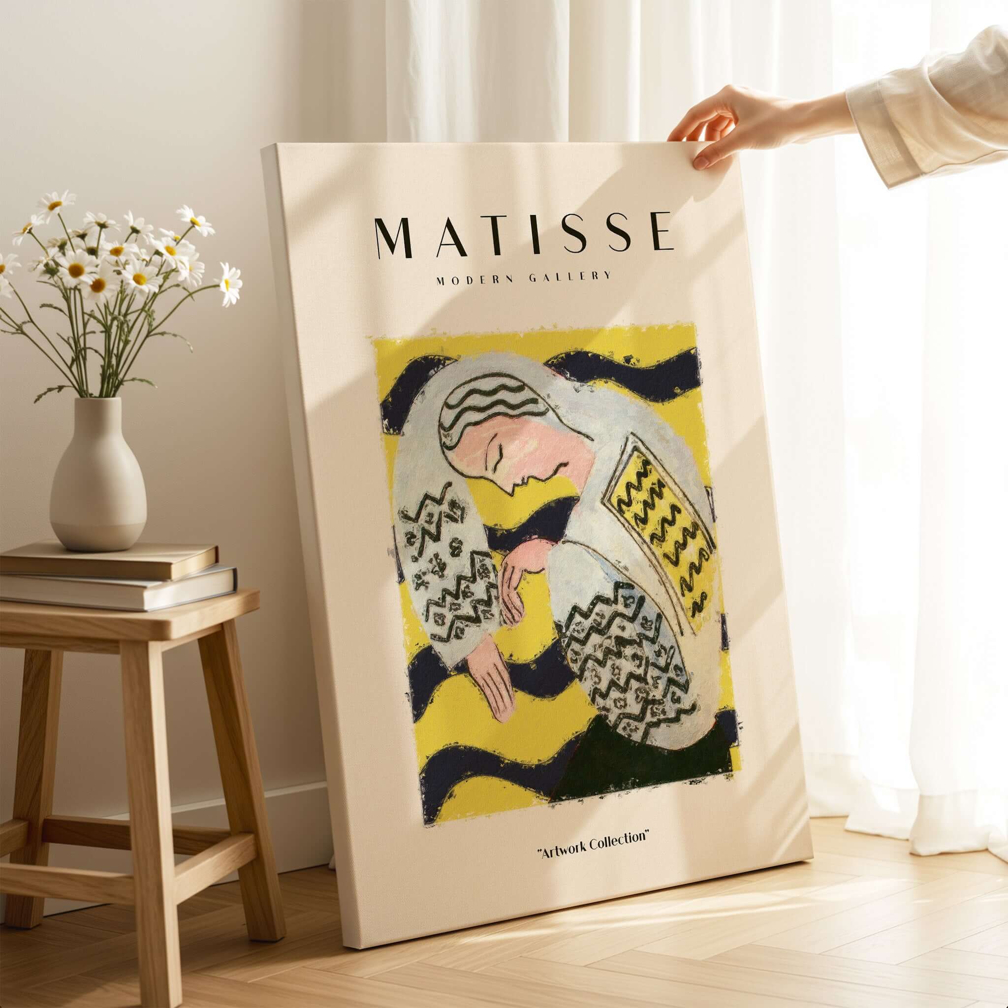 Matisse Art Prints - Resting Woman Patterned Blouse Yellow displayed in a modern gallery setting.