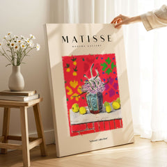 Matisse Art Prints - Still Life Flowers Lemons Red Pattern Poster displayed in modern gallery setting with flowers.