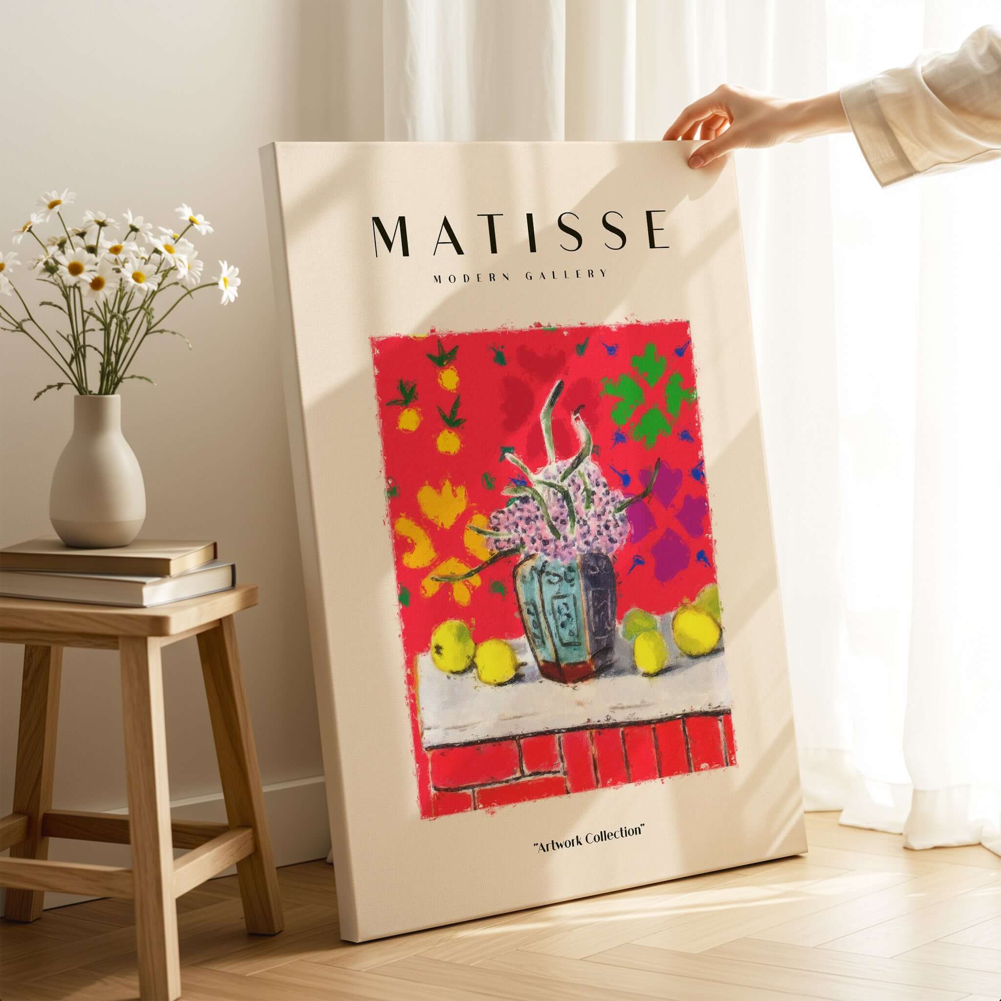 Matisse Art Prints - Still Life Flowers Lemons Red Pattern Poster displayed in modern gallery setting with flowers.