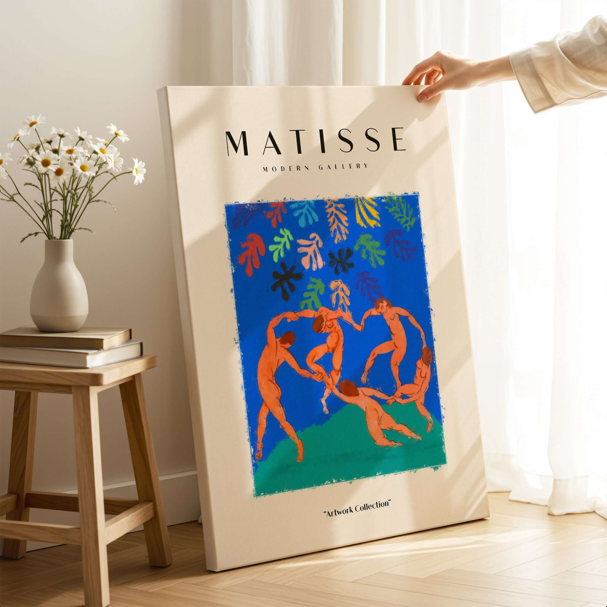 Matisse Art Prints - The Dance Figures Abstract Sky Poster displayed in bright setting with vibrant colors and dynamic figures.