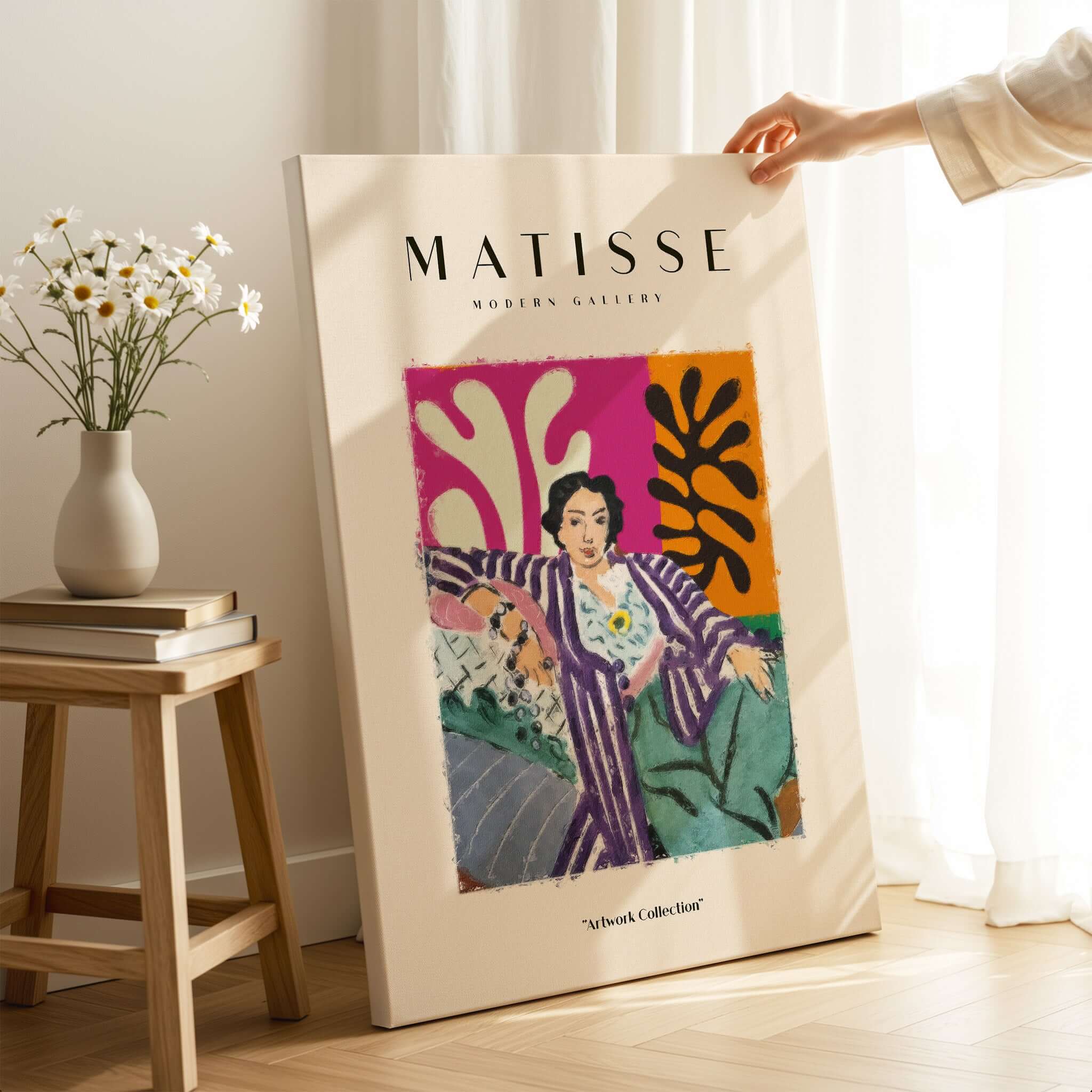 Matisse Art Prints - Reclining Woman Striped Robe Abstract Print displayed in a modern gallery setting.